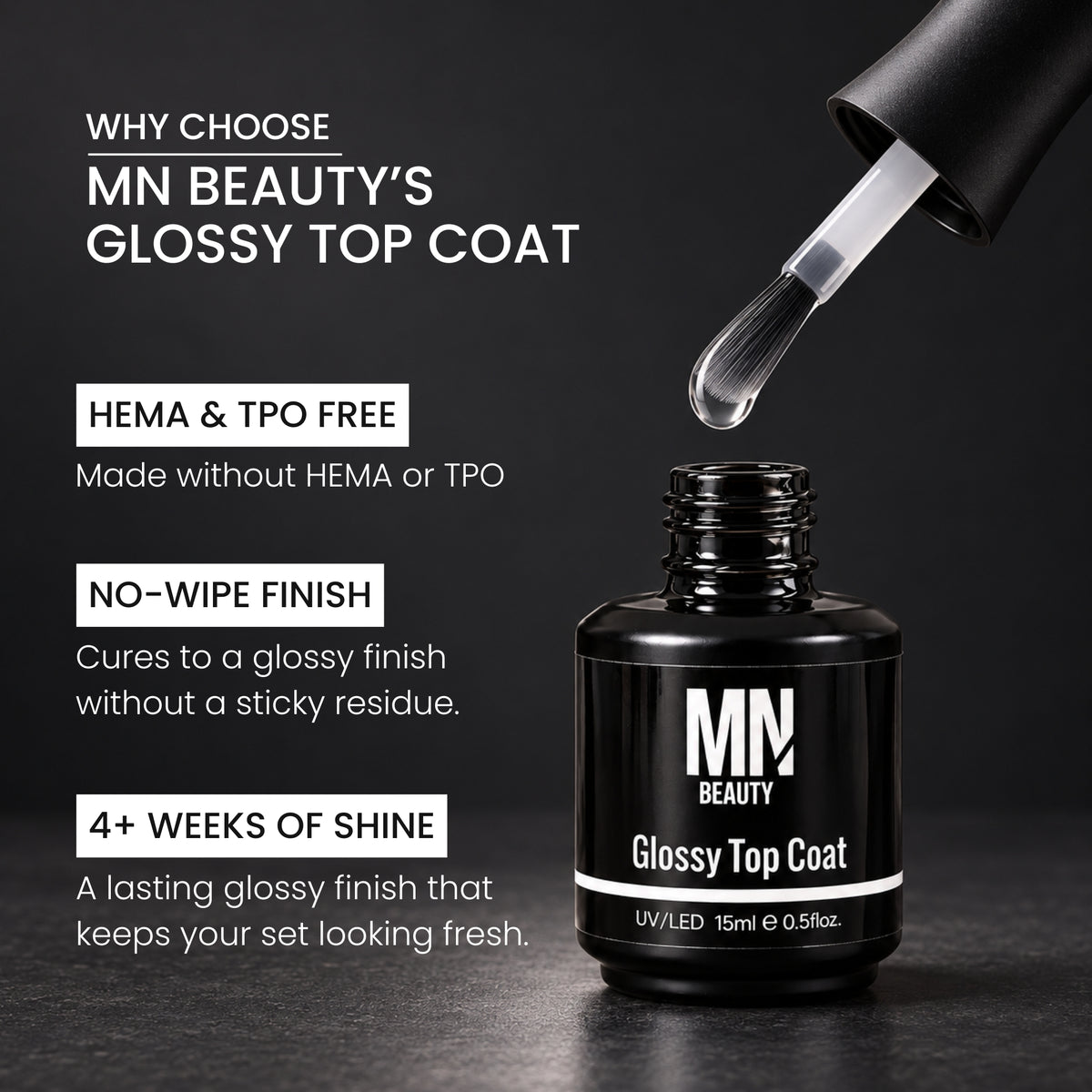 MN Beauty Glossy Top Coat nail polish bottle in black with a dropper applicator above it, shown on a dark background with promotional text about HEMA and TPO free finish and up to 4 weeks of shine.
